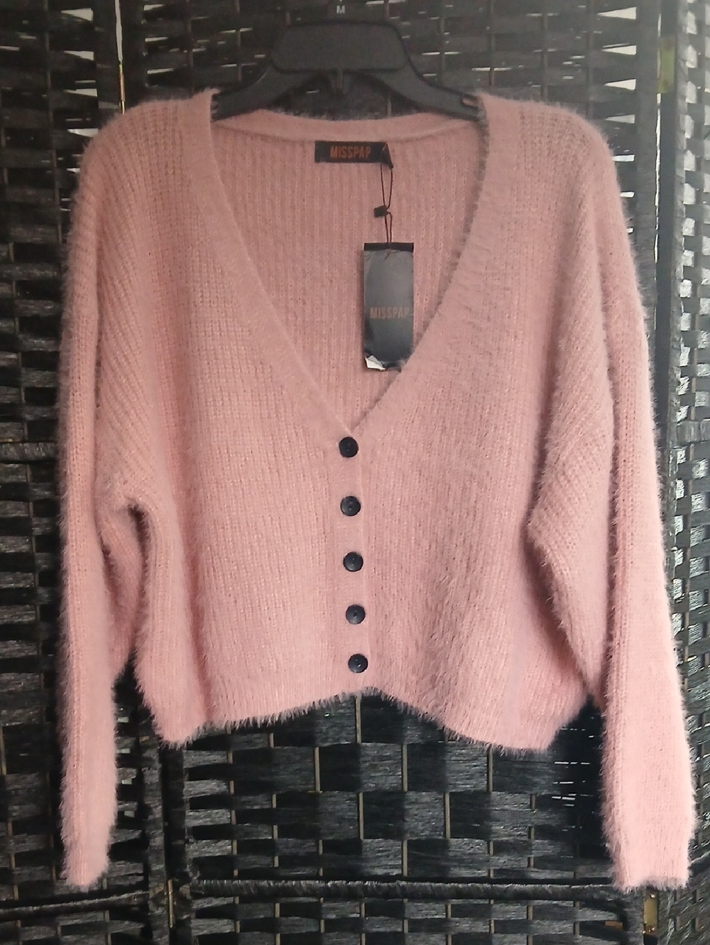NWT Misspap Blush Pink Fuzzy V-Neck Button Cropped Sweater Cardigan Womens SZ L